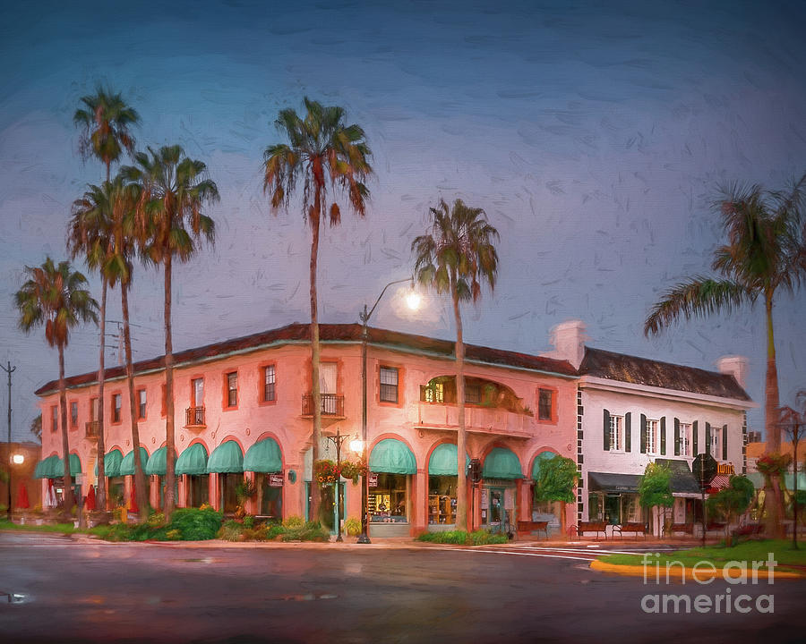 Architecture Photograph - Downtown Venice, Florida at Sunrise 3, Painterly by Liesl Walsh