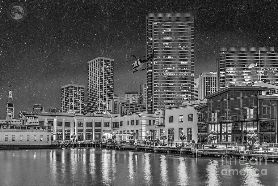 Downtown Waterfront Night BW Photograph by David Zanzinger