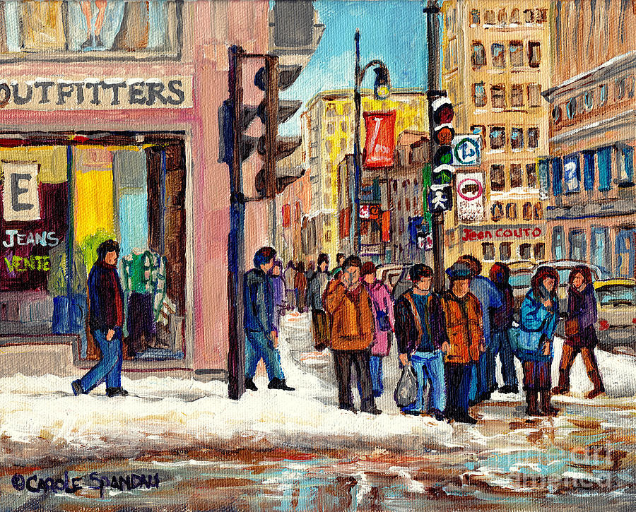 Downtown Winter Walk Crossing Rue St Catherine Best Montreal Street Scene Painting C Spandau Artist Painting by Carole Spandau