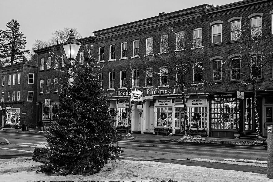 Downtown Woodstock VT Christmas Tree at Dusk Woodstock Pharmacy Black and White Photograph by Toby McGuire