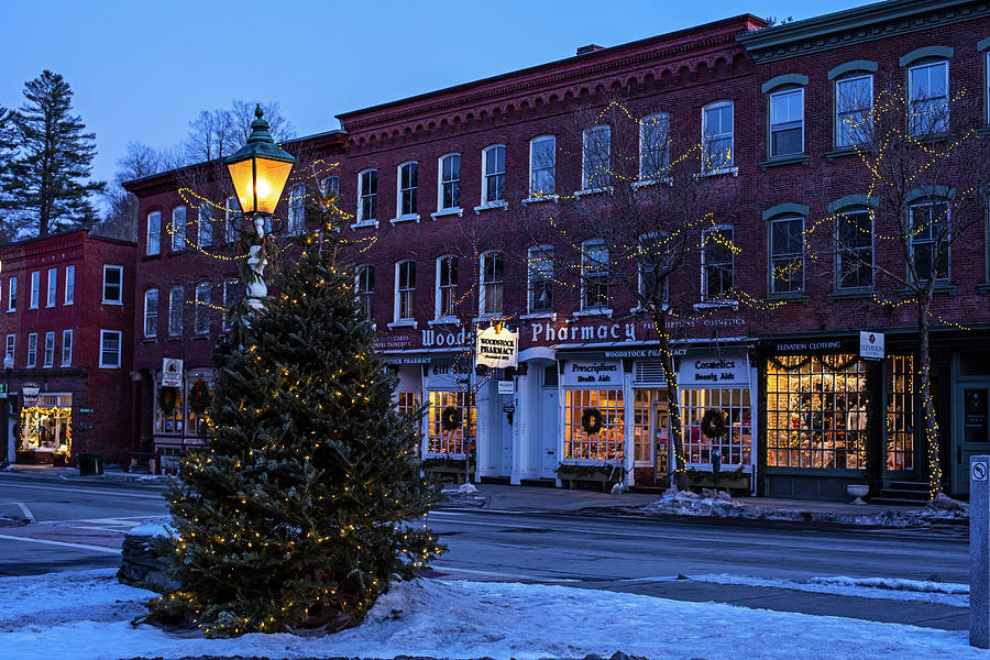 Downtown Woodstock VT Christmas Tree at Dusk Woodstock Pharmacy Photograph by Toby McGuire