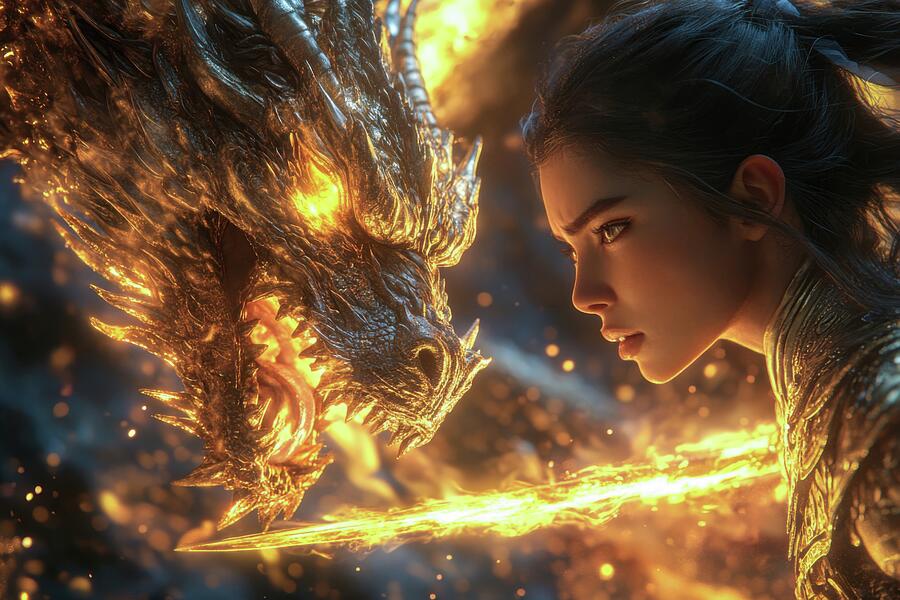 Dragon and Female Warrior - The Fiery Standoff Digital Art by Matthias Hauser Dragon and Female Warrior - The Fiery Standoff Digital Art by Matthias Hauser