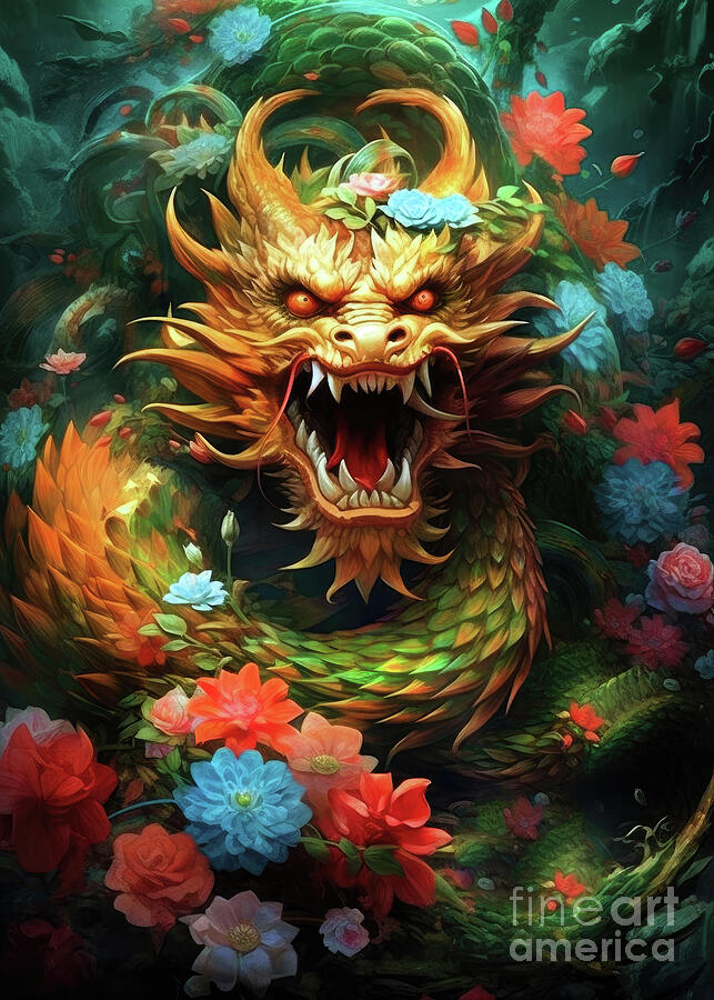 Dragon and flowers fantasy art 3 #dragon  Digital Art by Justyna Jaszke JBJart