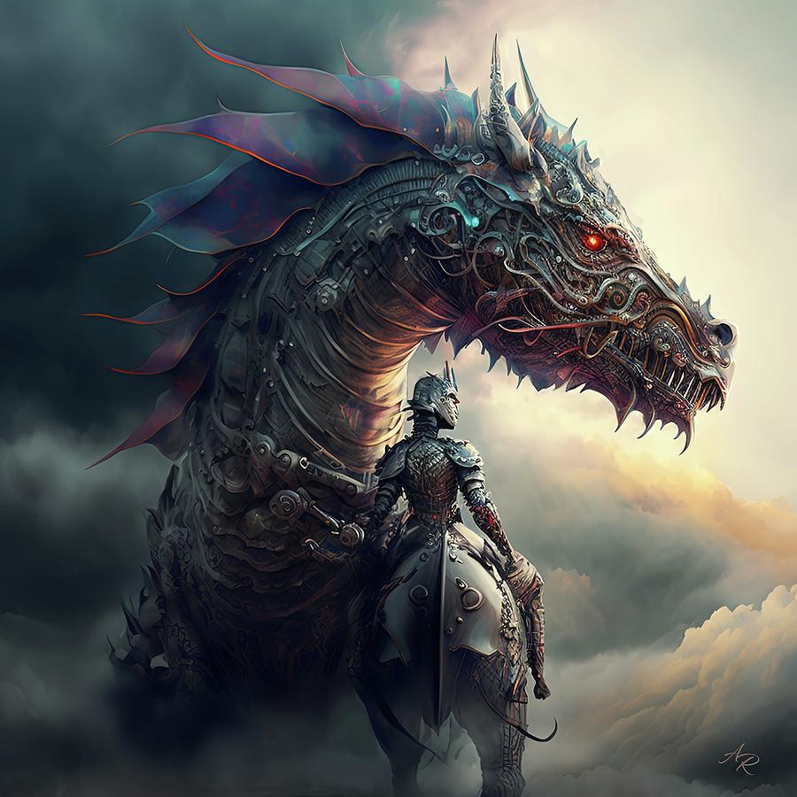Dragon and Knight in Clouds Digital Art by Adrian Reich