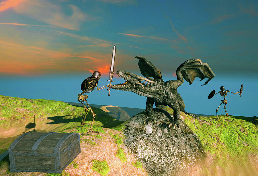 Dragon and Skeletons fighting over a Treasure Chest Digital Art by Matthias Hauser