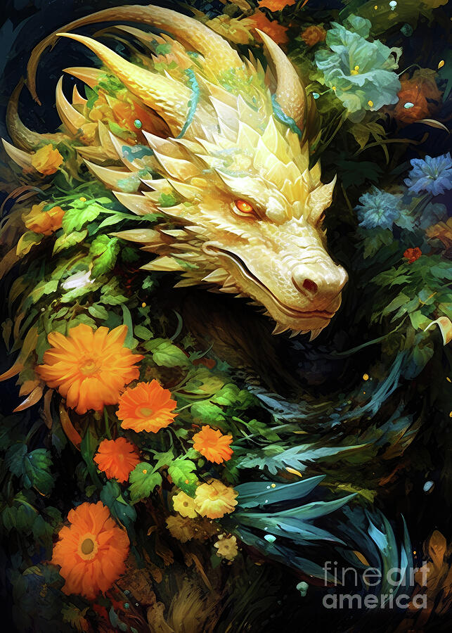  Dragon Digital Art - Dragon and flowers fantasy art 4 #dragon Digital Art by Justyna Jaszke JBJart