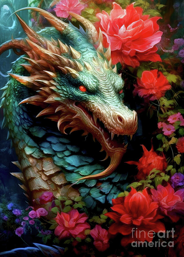  Dragon Digital Art - Dragon and flowers fantasy art 5 #dragon Digital Art by Justyna Jaszke JBJart