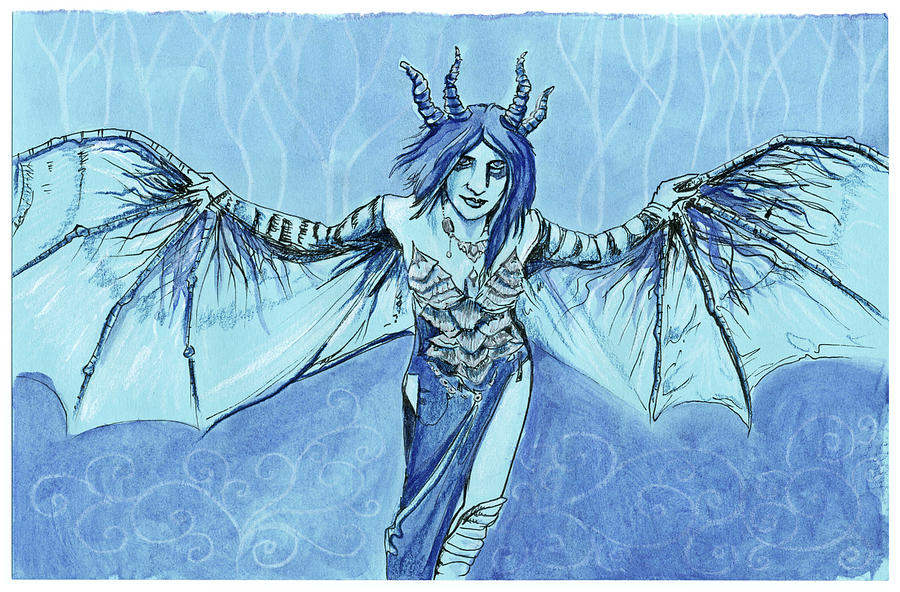 Dragon Fairy in Blue Drawing by Katherine Nutt