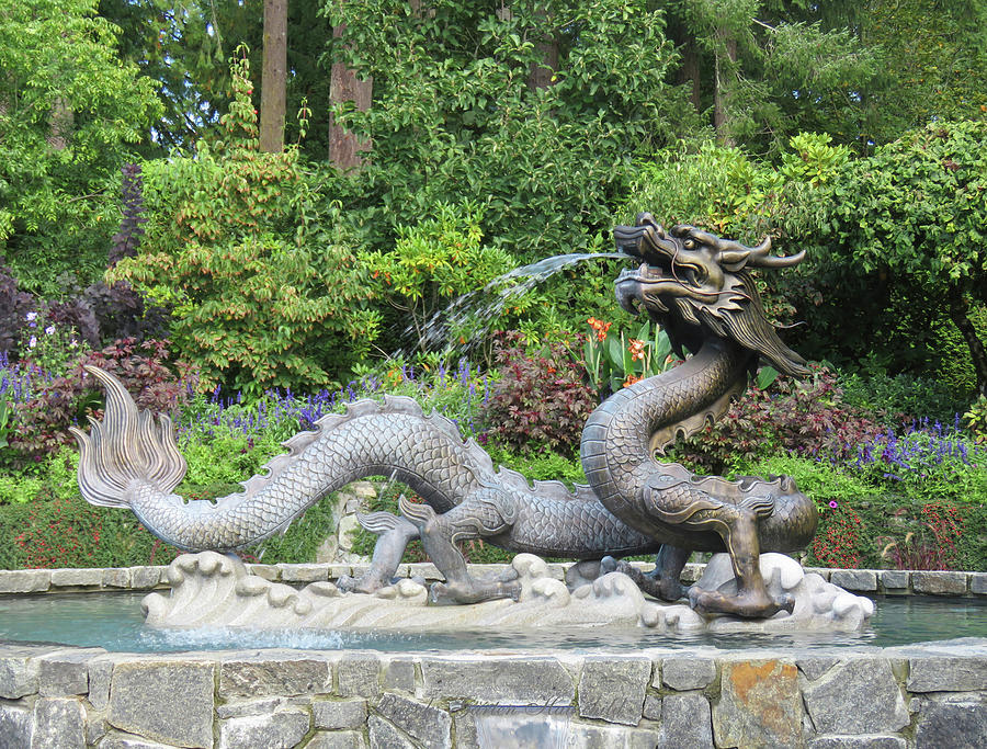 Dragon Sculpture and Fountain - Butchart Gardens Victoria BC - Decorative Water Feature - Garden Art Photograph by Brooks Garten Hauschild