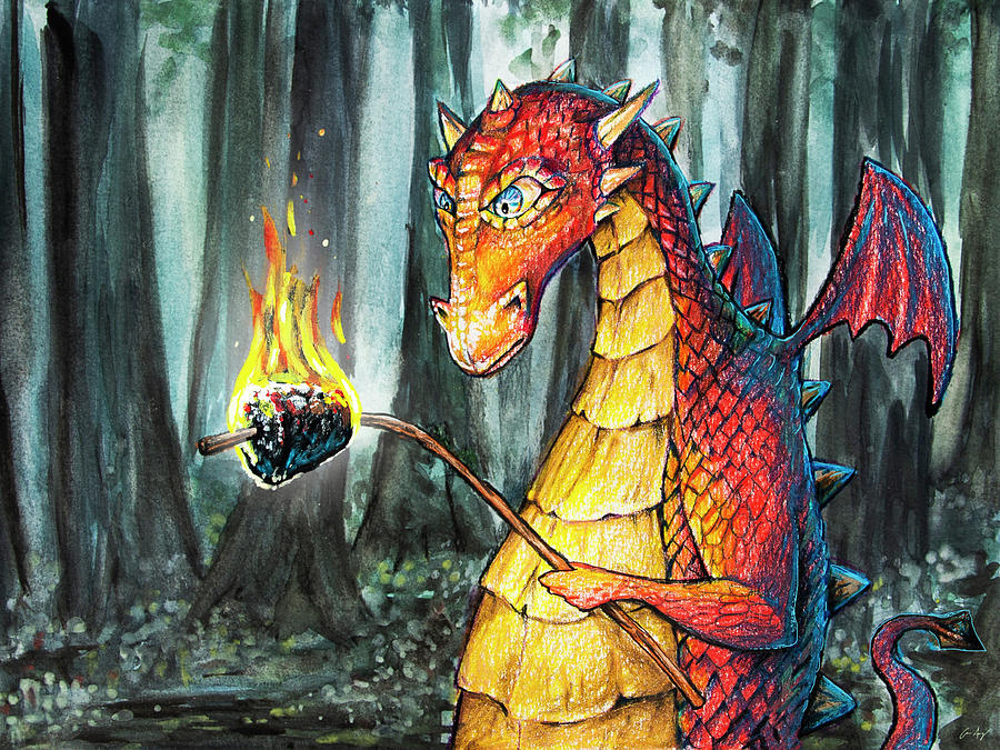 Dragon Roasting marshmallow Painting by Aaron Spong