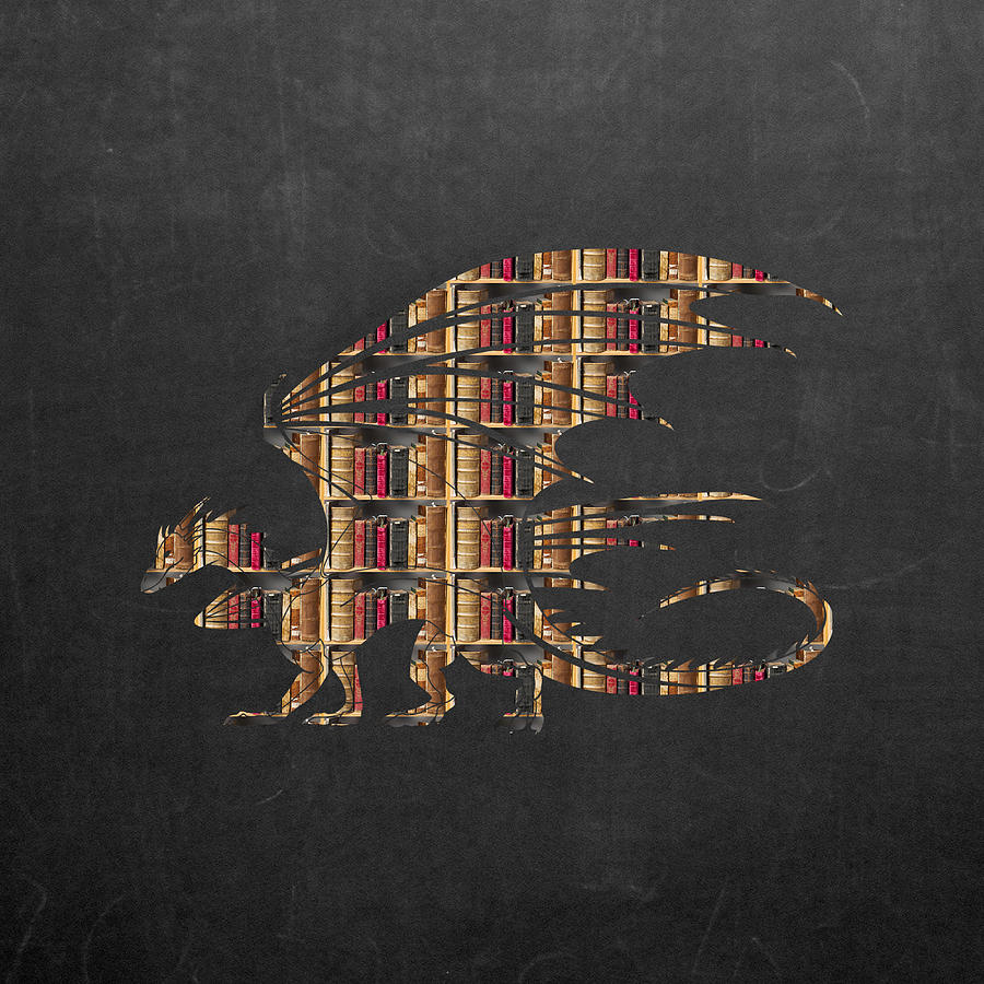 Dragon Silhouette Filled with Books on a Chalkboard Gray Background Digital Art by Ali Baucom