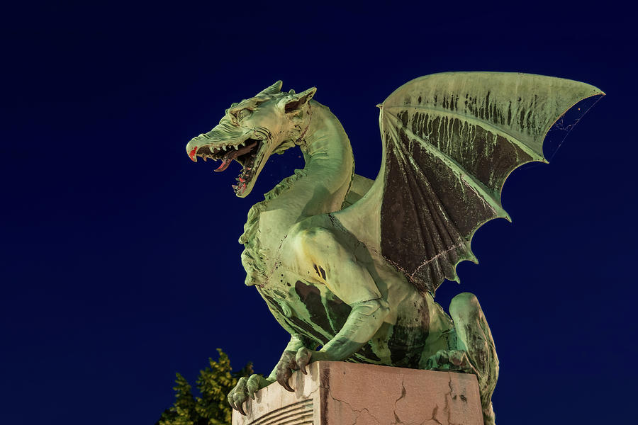 Dragon Statue At Night In Ljubljana Photograph by Artur Bogacki