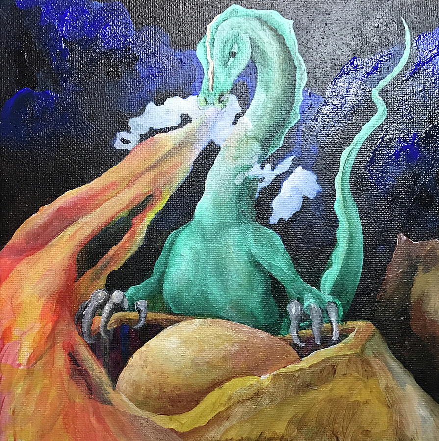 Dragon tending egg Painting by Teresamarie Yawn