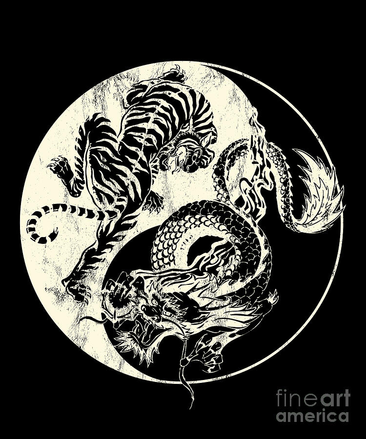 Fantasy Drawing - Dragon Vs Tiger Tattoo Yin And Yang Beast Fight  by Noirty Designs