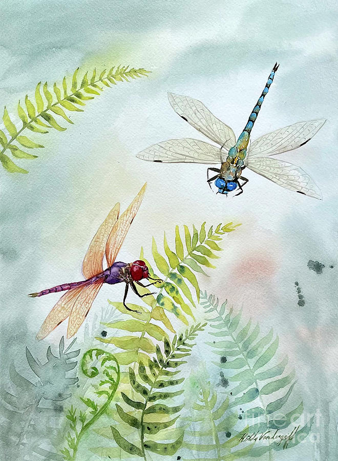 Dragonflies and Ferns Painting by Hilda Vandergriff