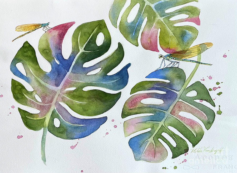 Dragonflies and Monstera Leaves Painting by Hilda Vandergriff