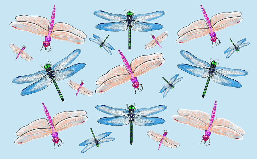 Dragonflies in Blue Sky Mixed Media by Judy Link Cuddehe