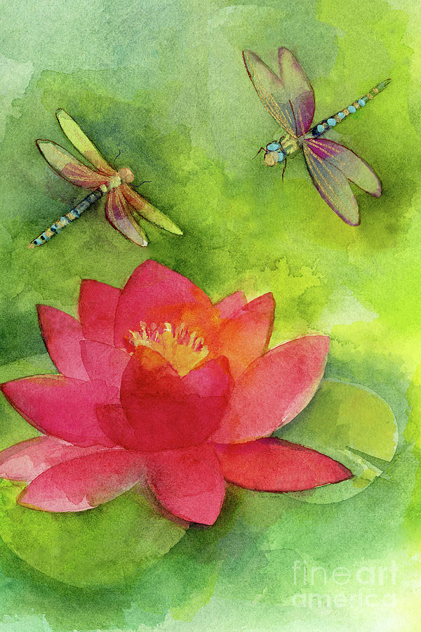 Dragonflies with Pink Water Lily Painting by Sue Zipkin