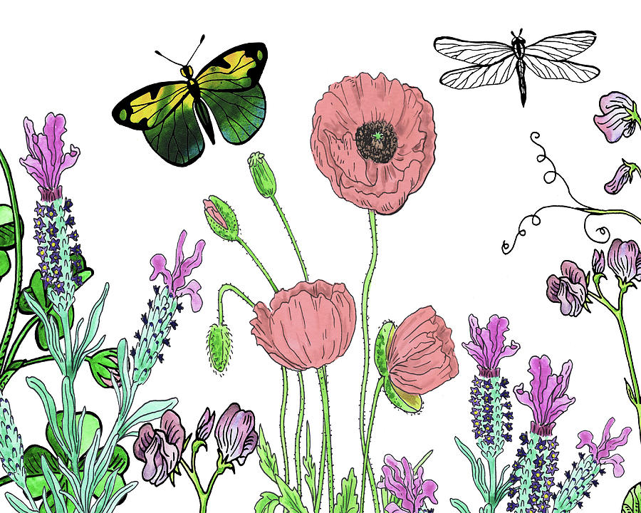 Dragonfly And Butterfly In Wildflower Garden With Lavender Sweet Peas Pink Poppies Painting by Irina Sztukowski
