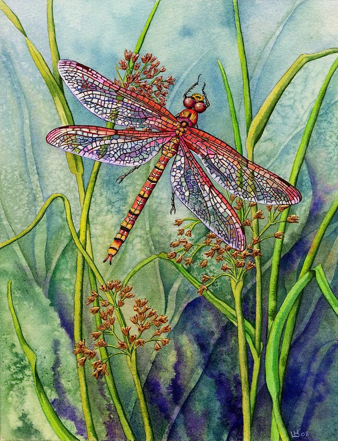 Dragonfly and Common Rushes Painting by Lynne Henderson