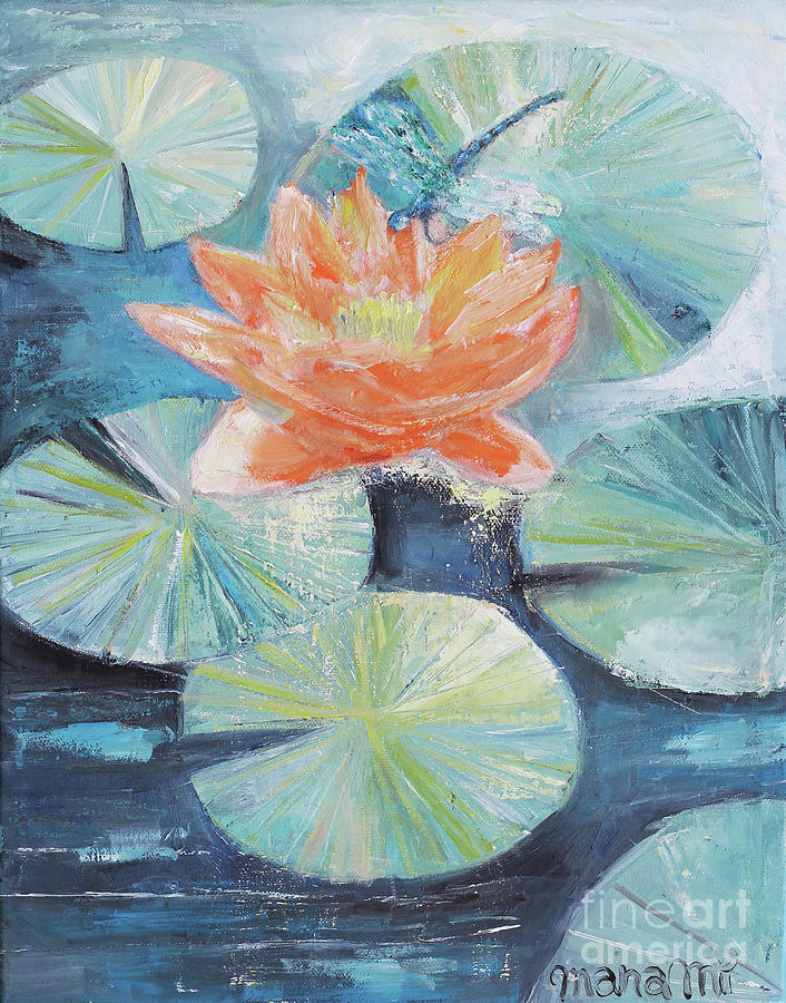 Dragonfly And Lotus Painting by Manami Lingerfelt