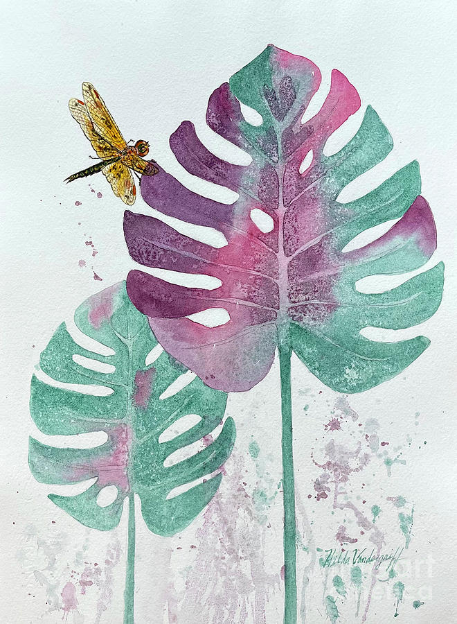 Dragonfly and Monstera Leaves Painting by Hilda Vandergriff
