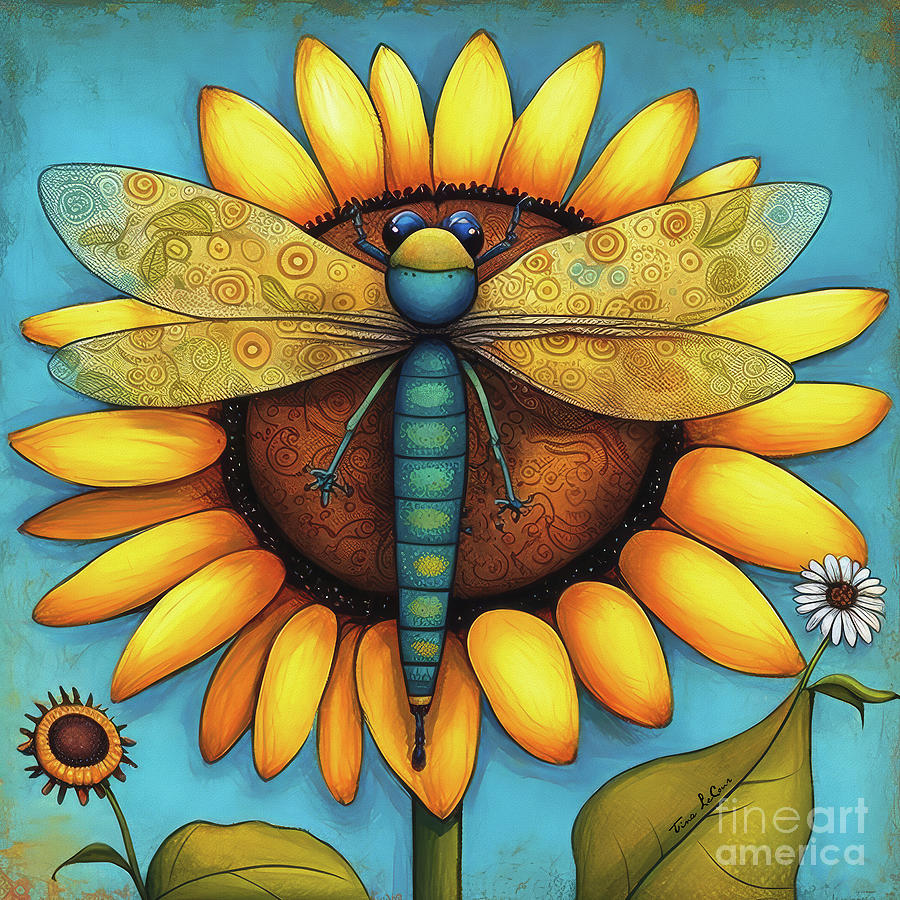 Dragonfly And The Sunflower Painting by Tina LeCour