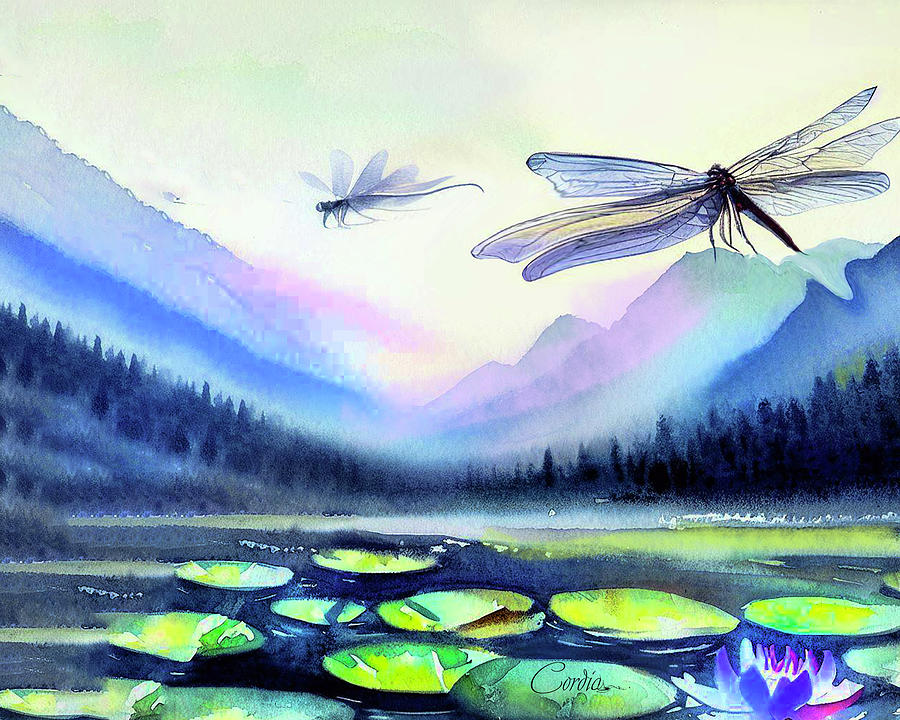 Dragonfly In A Lily Pond in the Mountains Digital Art by Cordia Murphy