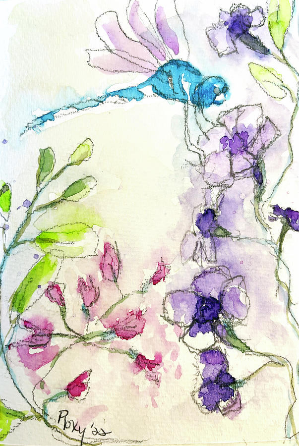 Dragonfly on a purple Tube Flower Painting by Roxy Rich