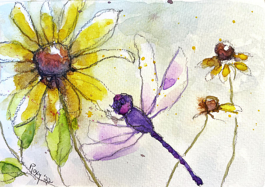 Dragonfly on a Yellow Coneflower Painting by Roxy Rich