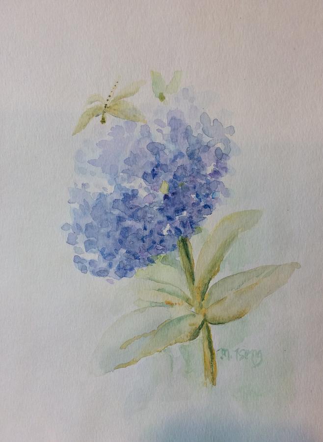 Dragonfly on hydrangea Painting by Milly Tseng