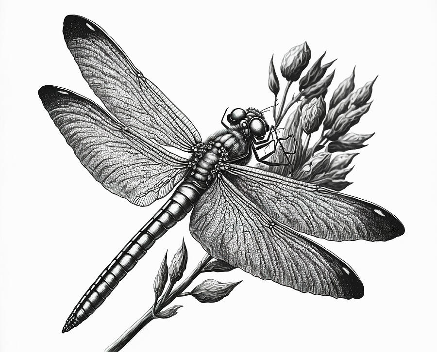 Nature Digital Art - Dragonfly Sketch on a White Background by Jim Vallee