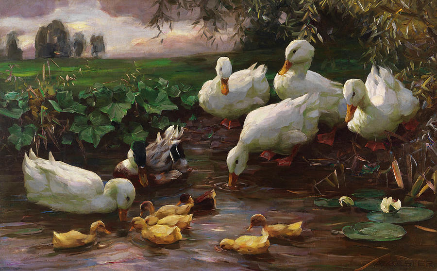 Drake with Ducks and Chicks on the Lake Shore Painting by Alexander ...