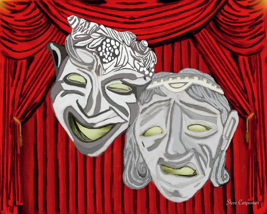 Drama Masks in White Drawing by Steve Carpentier