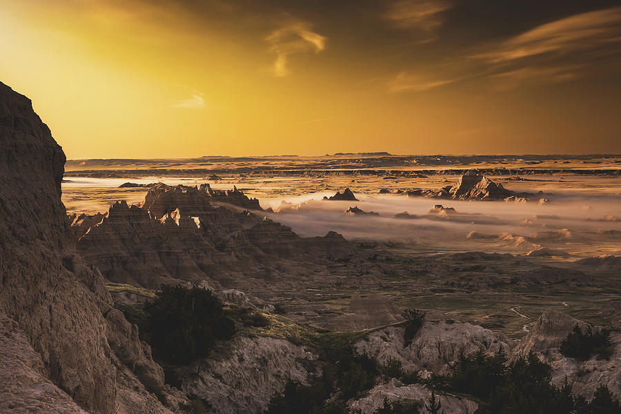 Dramatic Badlands Sunrise With Fog Photograph by Dan Sproul