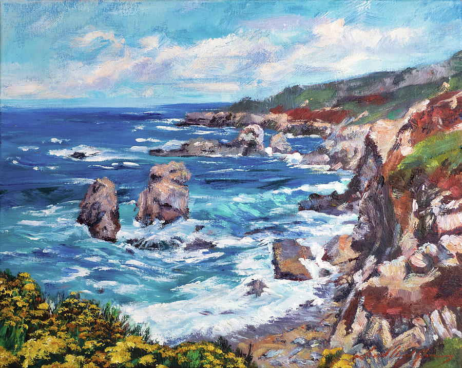 Dramatic Big Sur Coast With Wildflowers Painting by David Lloyd Glover
