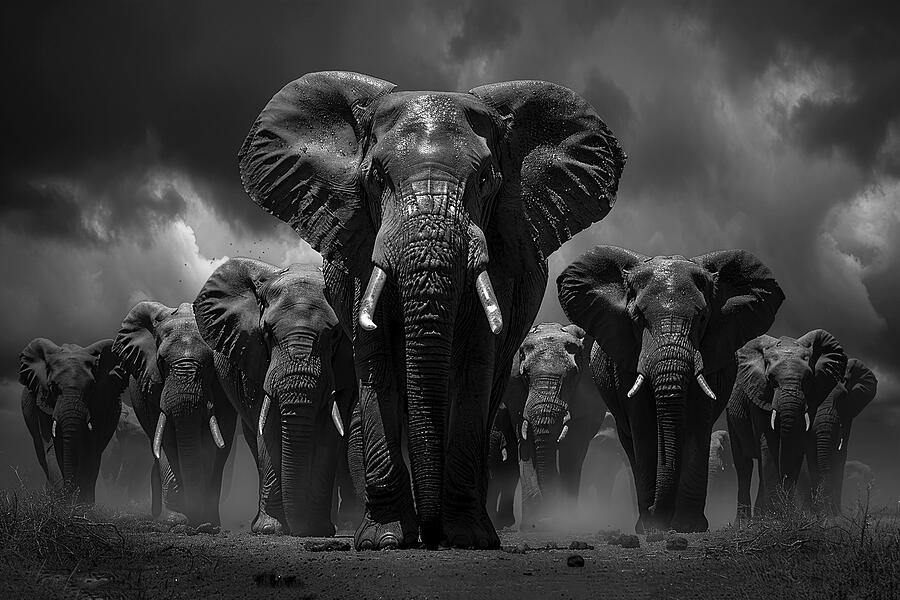 Wildlife Photograph - Dramatic black and white image of a herd of elephants with a prominent one in the center, showcasing wildlife majesty. by David Mohn