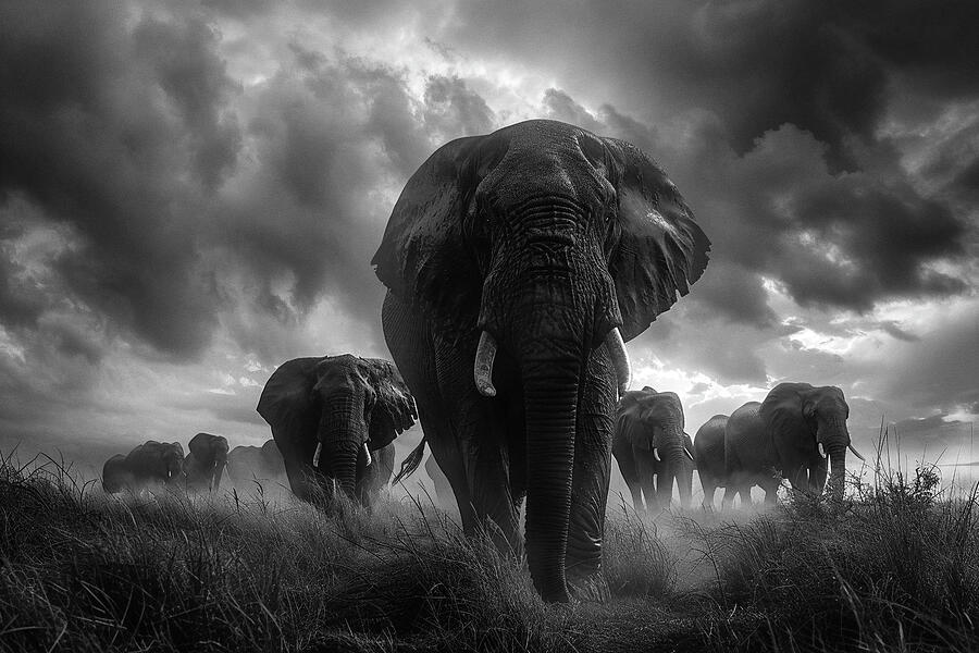 Nature Photograph - Dramatic black and white image of elephants walking in the wild with stormy skies in the background. by David Mohn