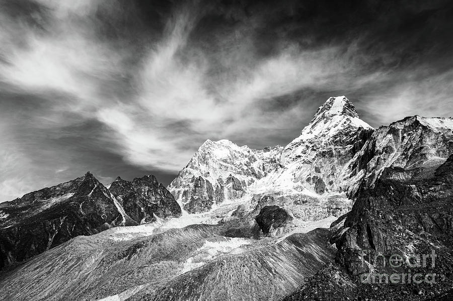 Dramatic black and white view of the Ama Dablam peak from its ba Photograph by Didier Marti