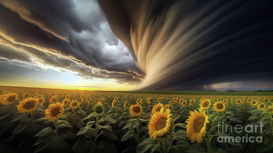 Dramatic clouds stretch across the sky, seemingly engulfing the horizon above a field of sunflowers. Digital Art by Odon Czintos
