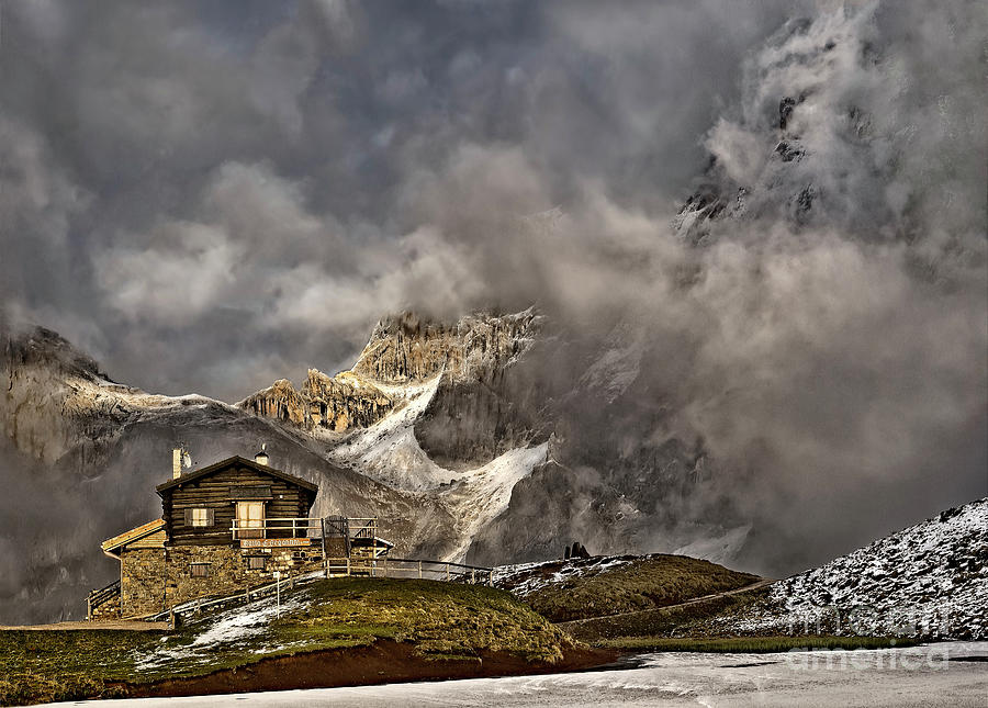 Dramatic dusk at mountains, Passo Rolle, Dolomites, Italy magnificent  Photograph by Tatiana Bogracheva