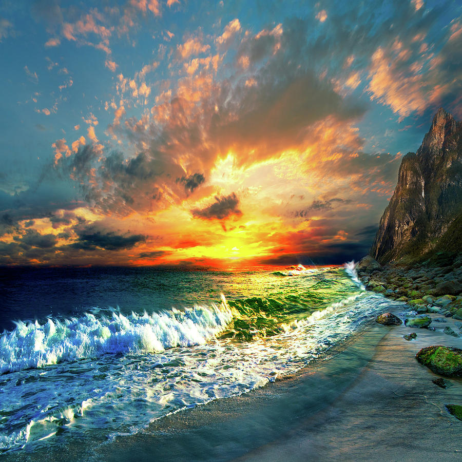 Dramatic Gold Green Blue Sunset Ocean Cliff Photograph by Eszra Tanner