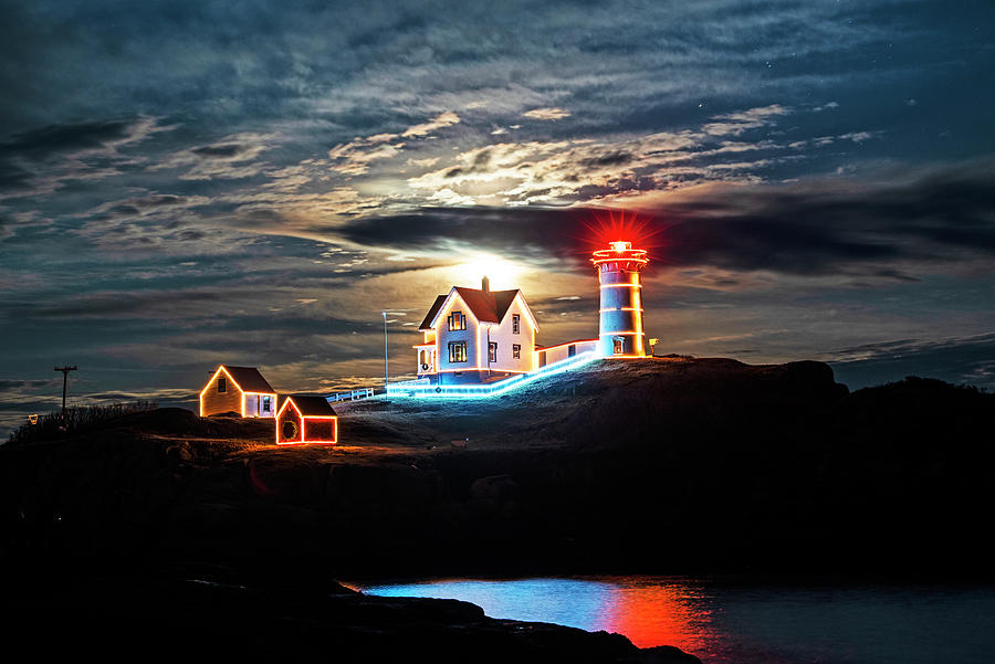 Dramatic Moonlit Sky over the Nubble Lighthouse in York Maine Cape Neddick Photograph by Toby McGuire