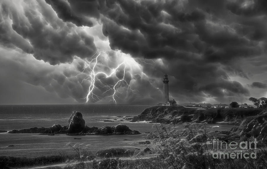 Dramatic Pigeon Point Lighthouse Lightning BW  Photograph by Chuck Kuhn