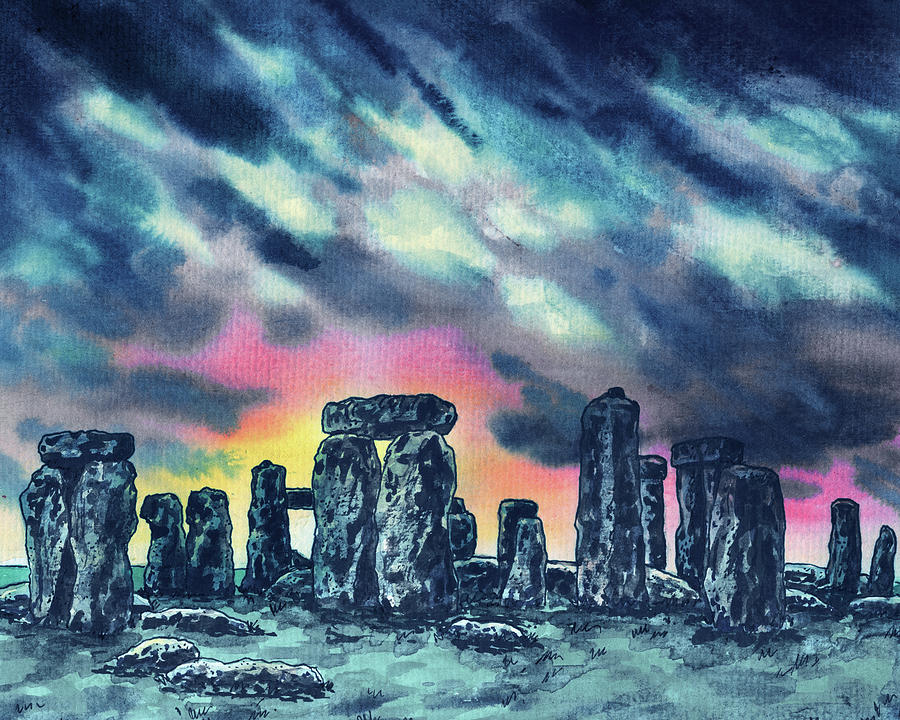 Dramatic Skies Over Stonehenge Monument Watercolor  Painting by Irina Sztukowski