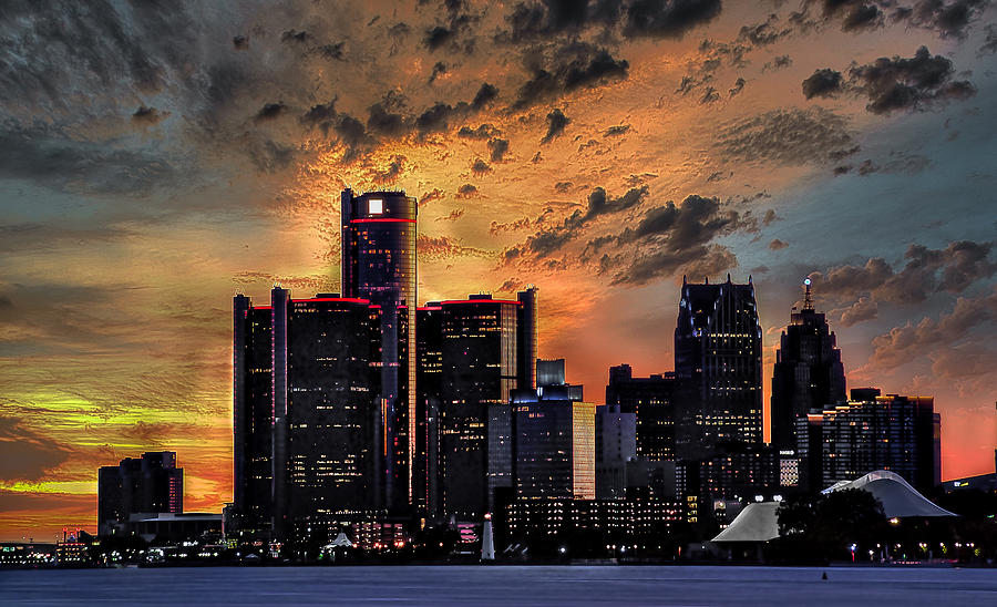 Dramatic Sunset Over The Detroit Skyline Mixed Media