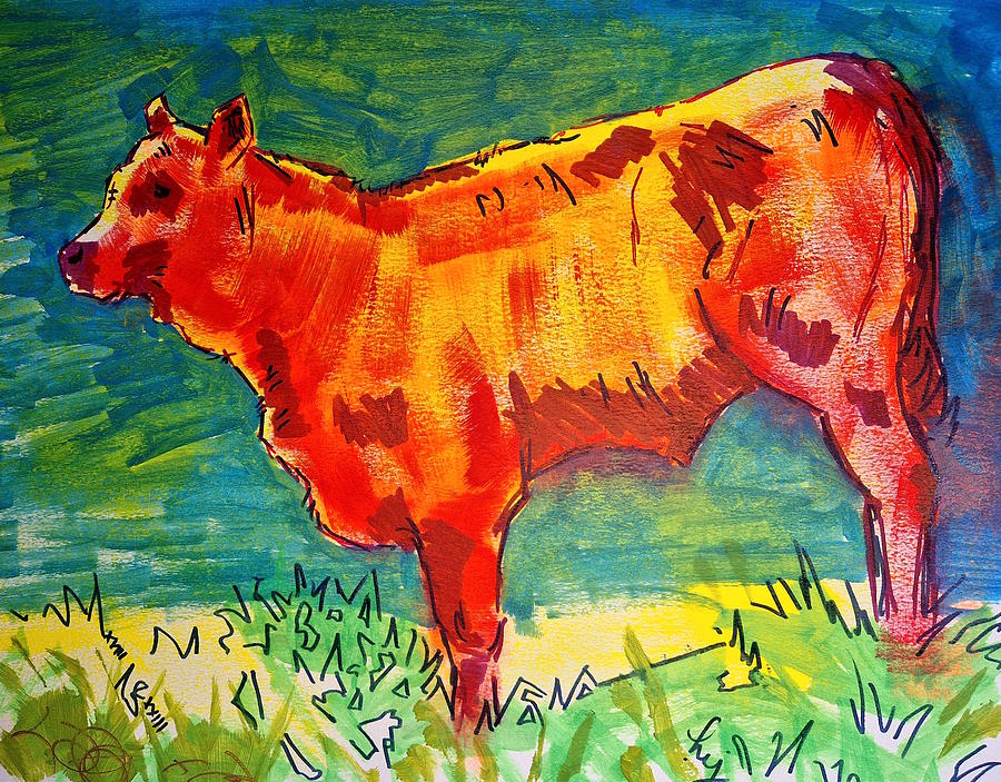 Farm Animals Mixed Media - Dramatically colored red bull calf painting by Mike Jory