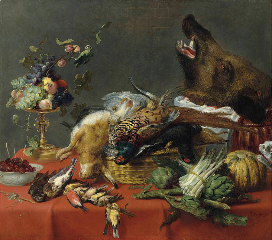 Vegetable Painting -  Draped table laden with game, fruit, vegetables and a boars head by Frans Snyders