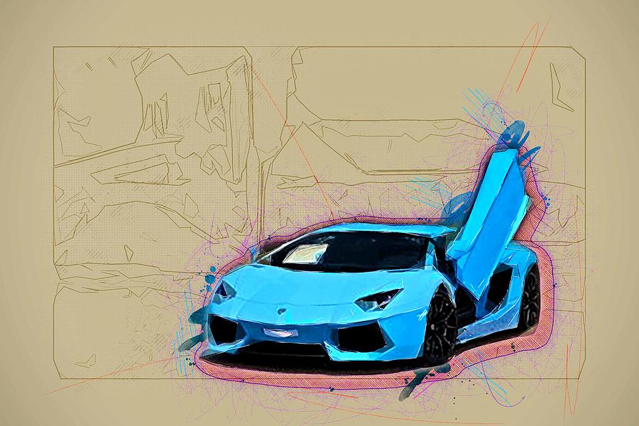 Drawing Lamborghini Aventador Lp700 4 Hypercar Blue Colorful Abstract ...