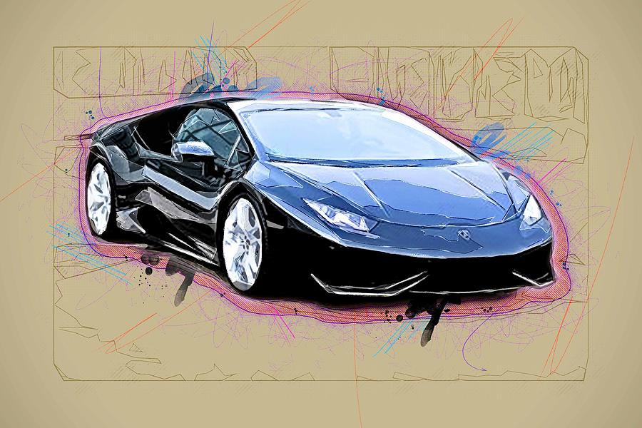 Drawing Lamborghini Huracan Lp 610 4 Black Sports Coupe White Wheels ...